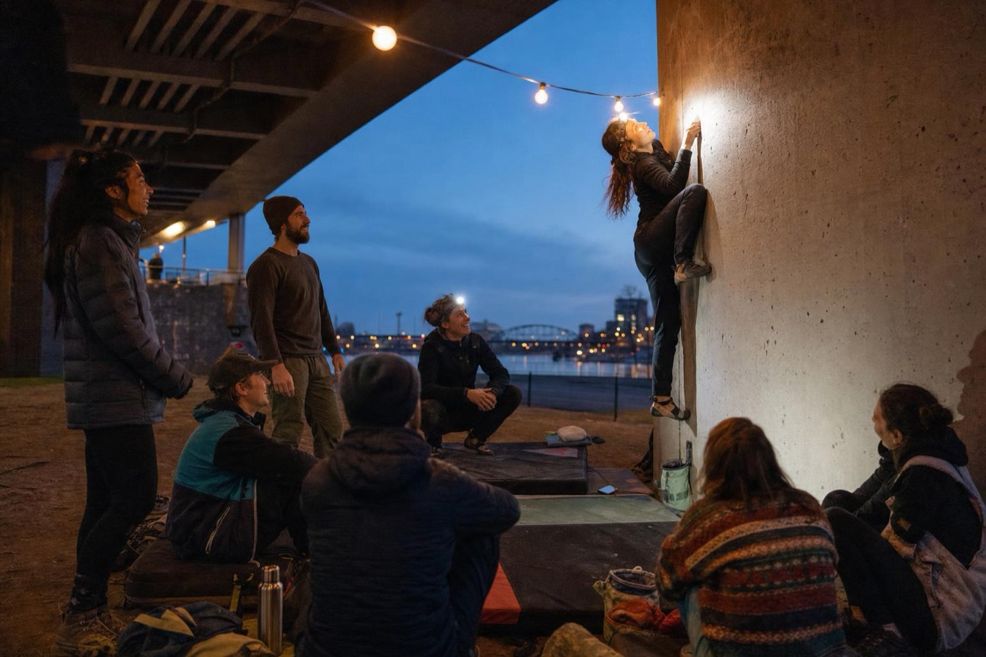 Abendliche Session unter einer Brücke, eine Kletterin mit Stirnlampe am Pfeiler